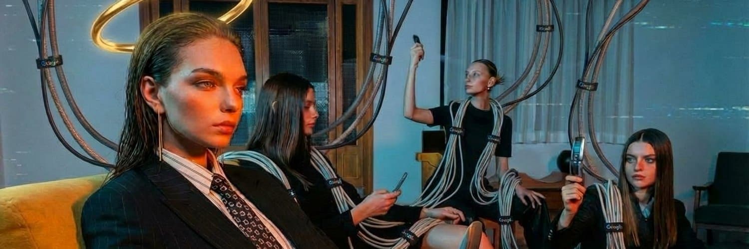 People connected to a network of cables in a futuristic room